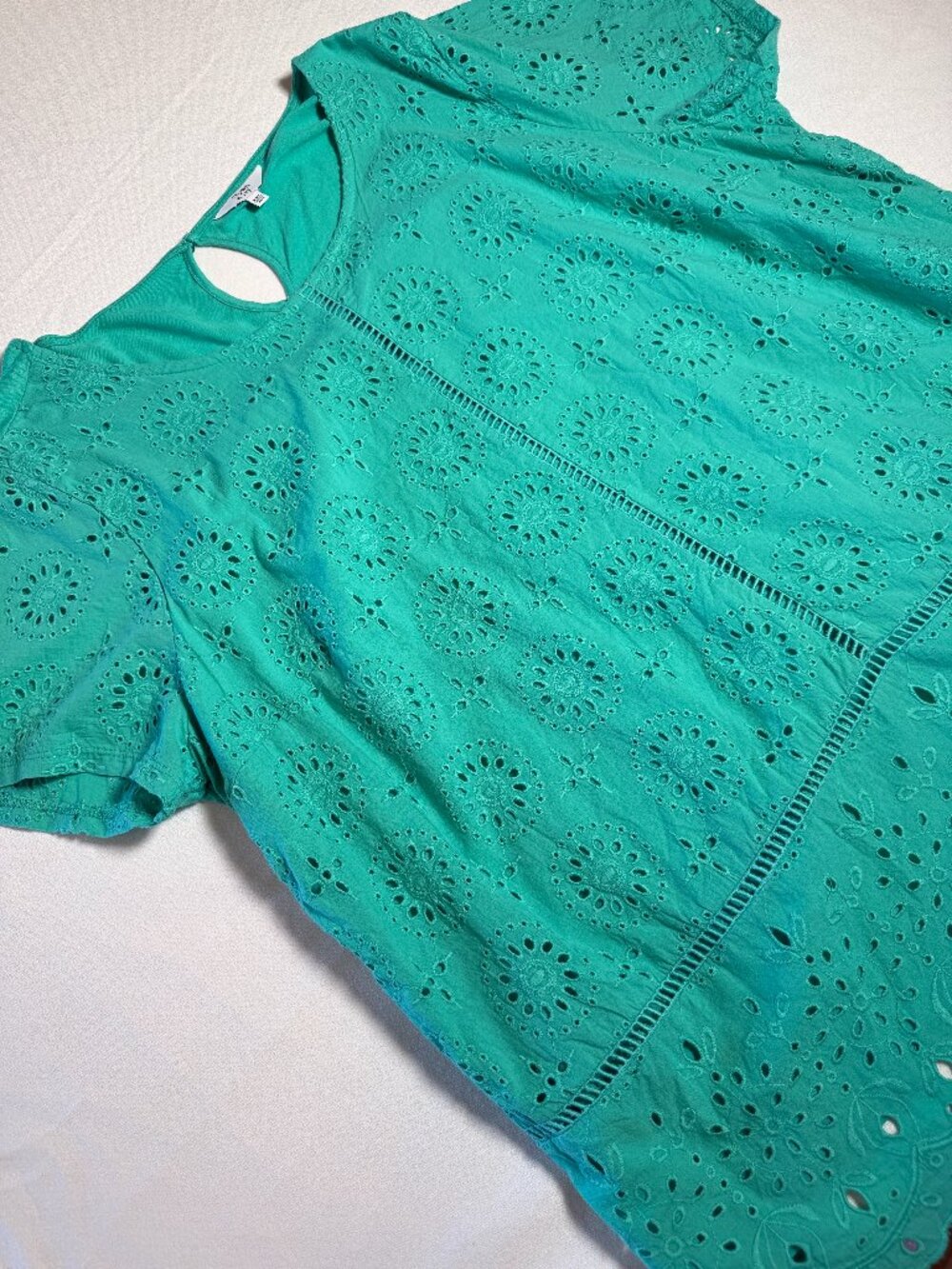 Crown & Ivy Eyelet Fabric Women's Blouse with lining Size XXL Teal Short Sleeve